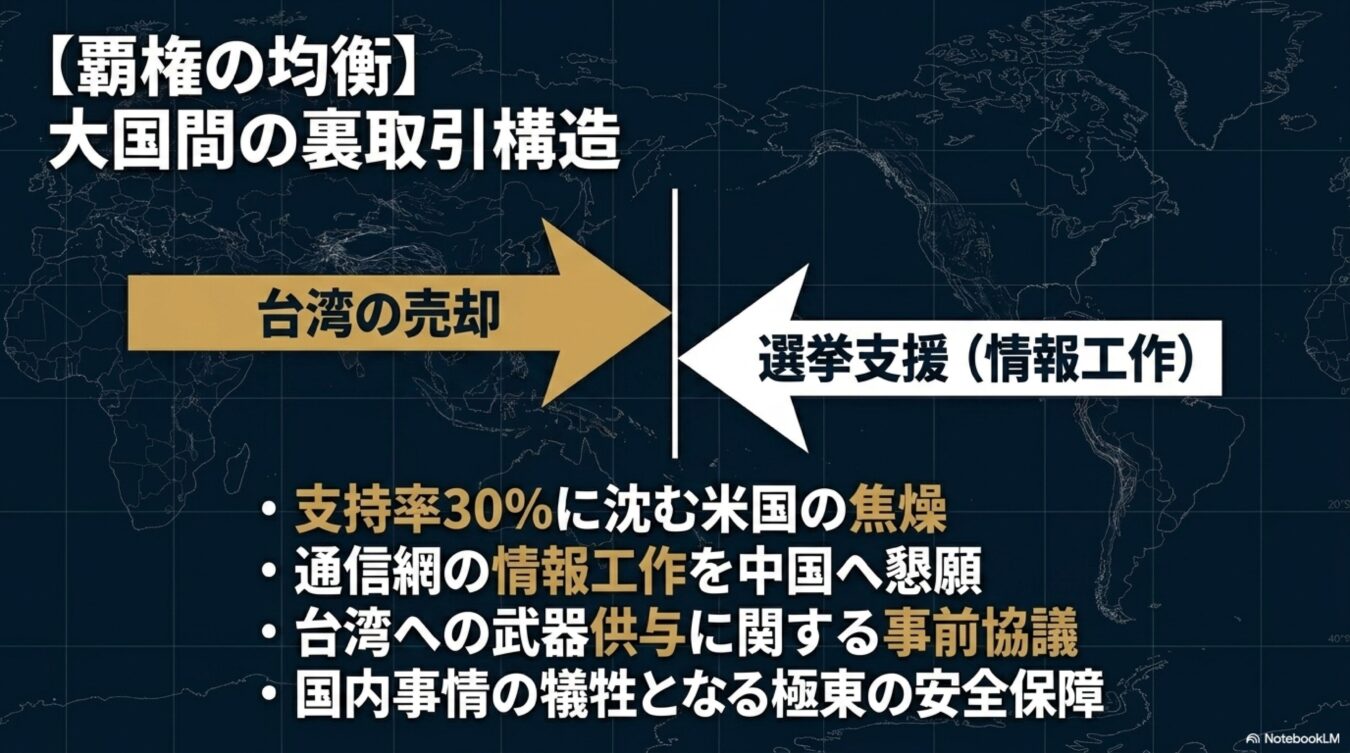 大国間の裏取引構造を示す図。米国の選挙支援と引き換えに台湾が売却されるリスクや、極東の安全保障が国内事情で犠牲になる懸念を解説している。