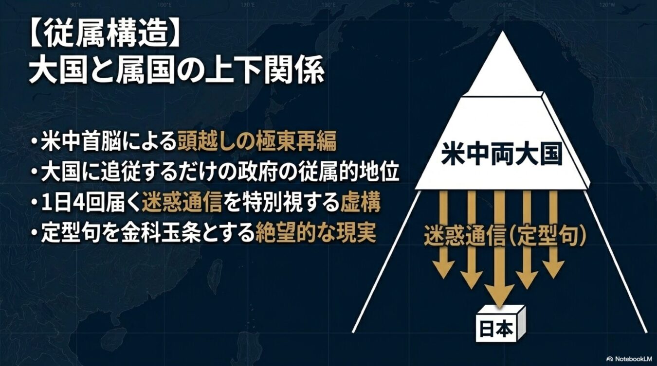 米中両大国が日本に対して一方的に迷惑通信を送る従属構造を解説した図。大国に追従する日本の現状と危機的状況が示されている。