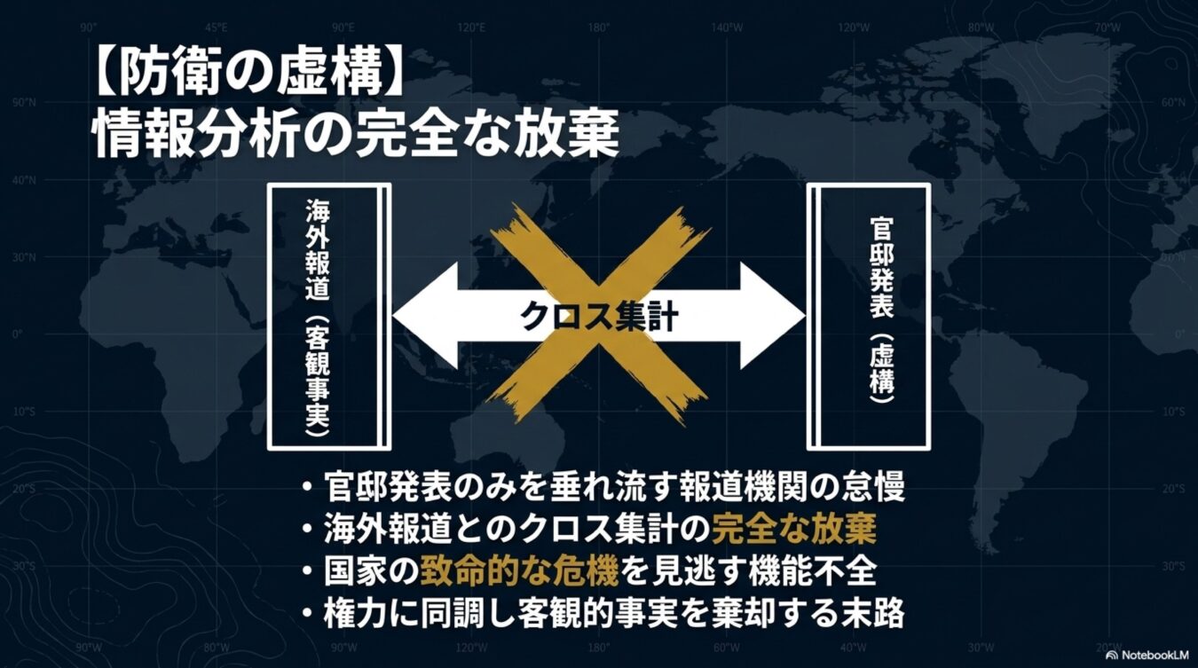 防衛の虚構と題し、客観的事実である海外報道と官邸発表のクロス集計を放棄し、権力に同調して情報分析を怠る報道機関の姿勢を批判する図解。