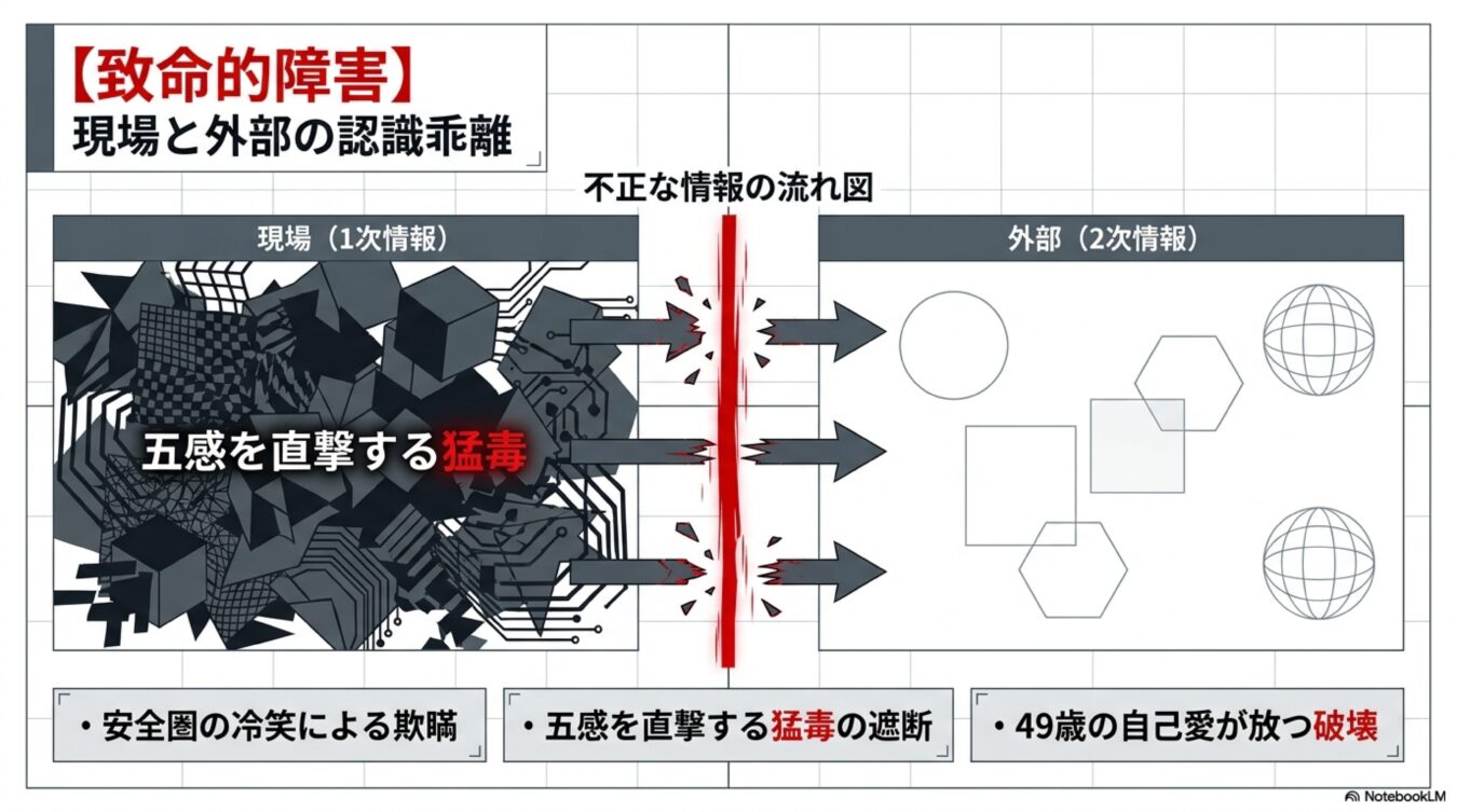 致命的障害:現場と外部の認識乖離をテーマに、現場の複雑な情報を外部が遮断・単純化して受け取る不正な情報の流れを図解したもの。