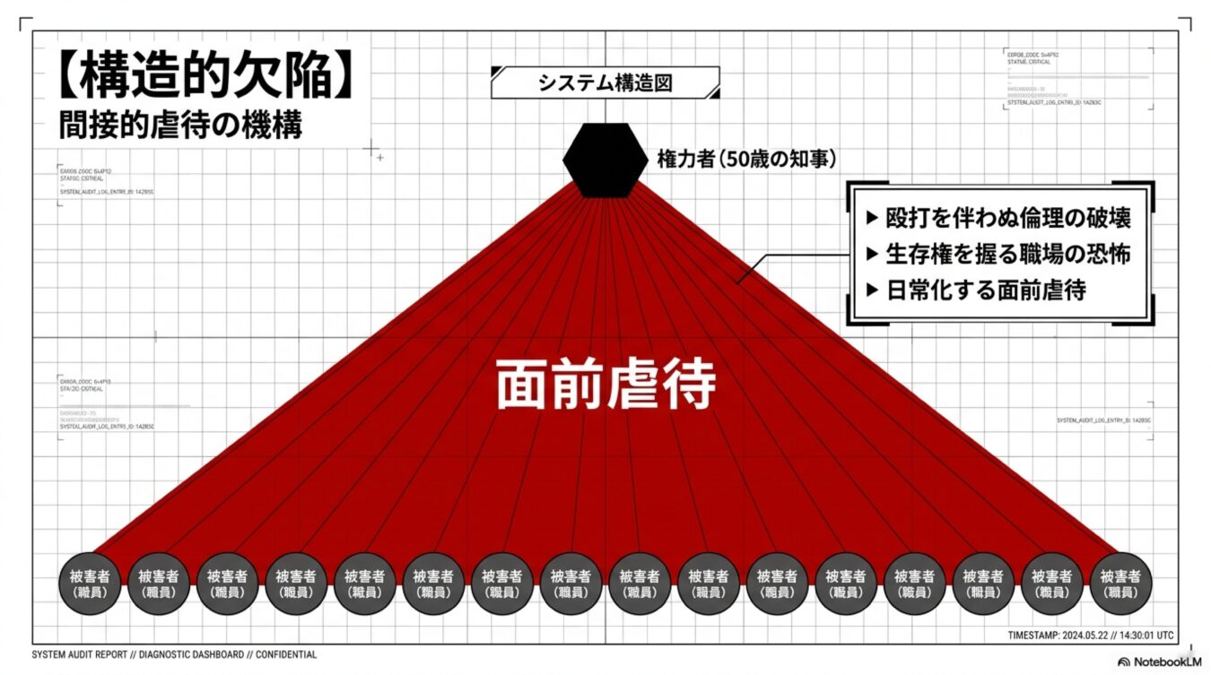 権力者による面前虐待のシステム構造図。頂点の権力者が多数の職員を支配し、倫理破壊や職場での恐怖が日常化する間接的虐待の仕組みを示している。