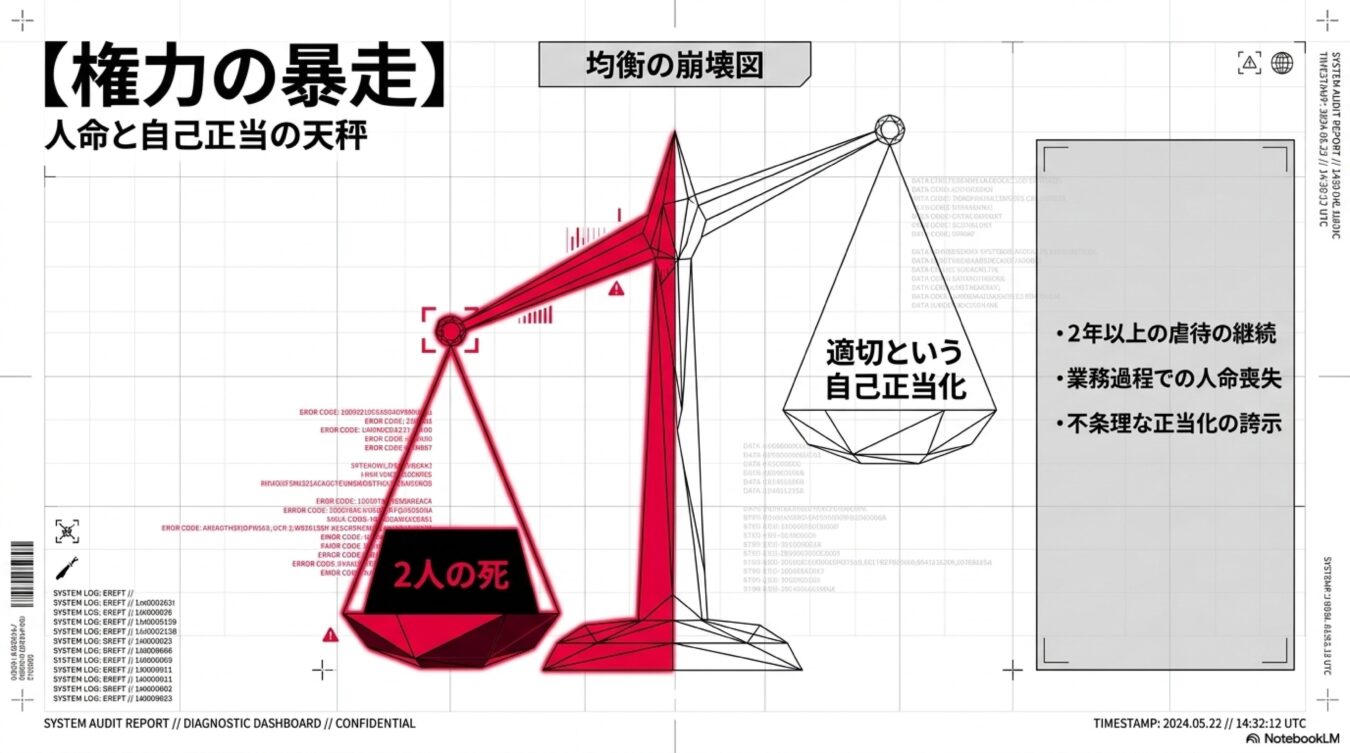 権力の暴走と題し、虐待や人命喪失を自己正当化する不正な天秤の均衡が崩れた状態を示すシステム監査報告書。