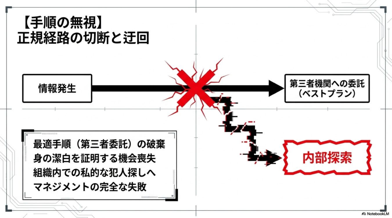 正規の委託手順が遮断され、内部探索へ迂回することで、組織のマネジメントが失敗し機会損失が生じる過程を示す図解。