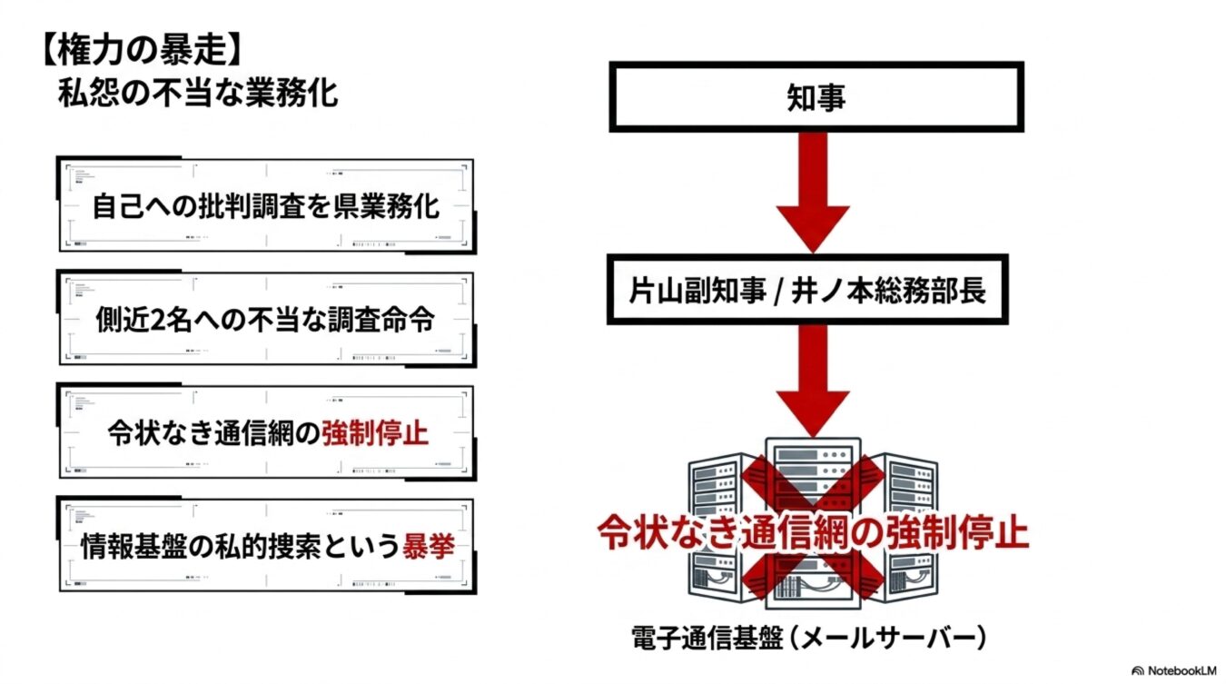 知事から副知事・総務部長へ指示が伝わり、電子通信基盤(メールサーバー)が強制停止された権力の暴走と私怨による不当な業務化の構造図。