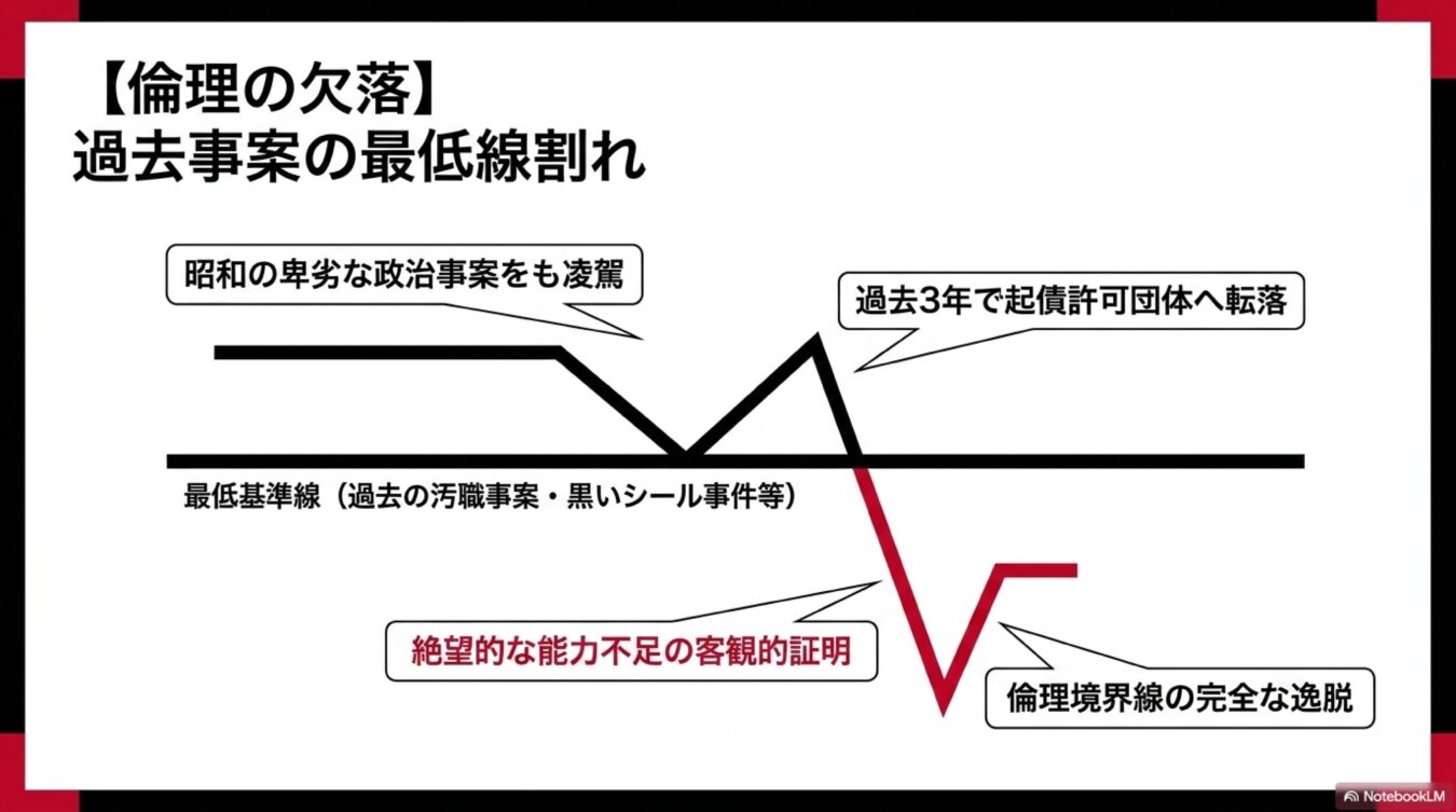 最低基準線を基準に、過去の政治事案から現在の倫理的逸脱に至るまでの推移と、能力不足を示すグラフ図。