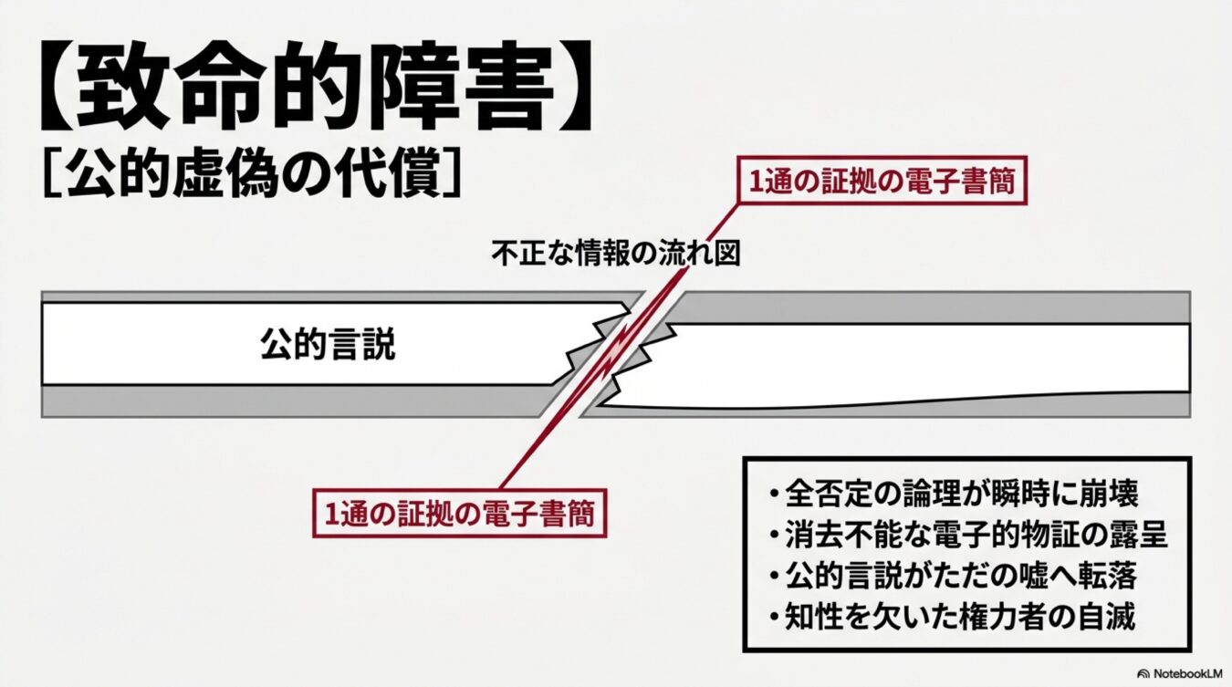 致命的障害:公的虚偽の代償と題し、1通の電子書簡という証拠によって公的な言説が瞬時に崩壊し、虚偽が露呈する過程を図示した概念図。