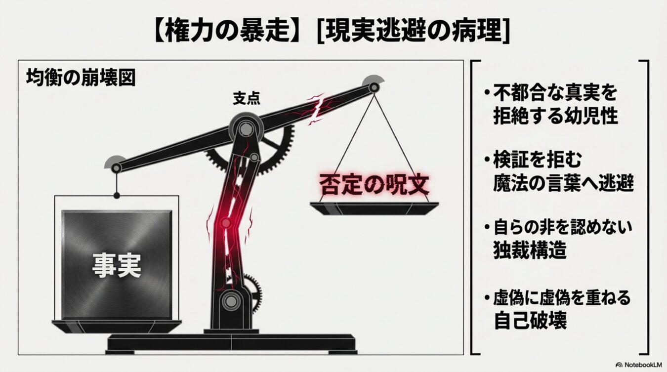 事実と否定の呪文を天秤にかけた均衡の崩壊図。権力の暴走と現実逃避の病理を示し、検証を拒み自らの非を認めない独裁構造の自己破壊的なプロセスを解説している。