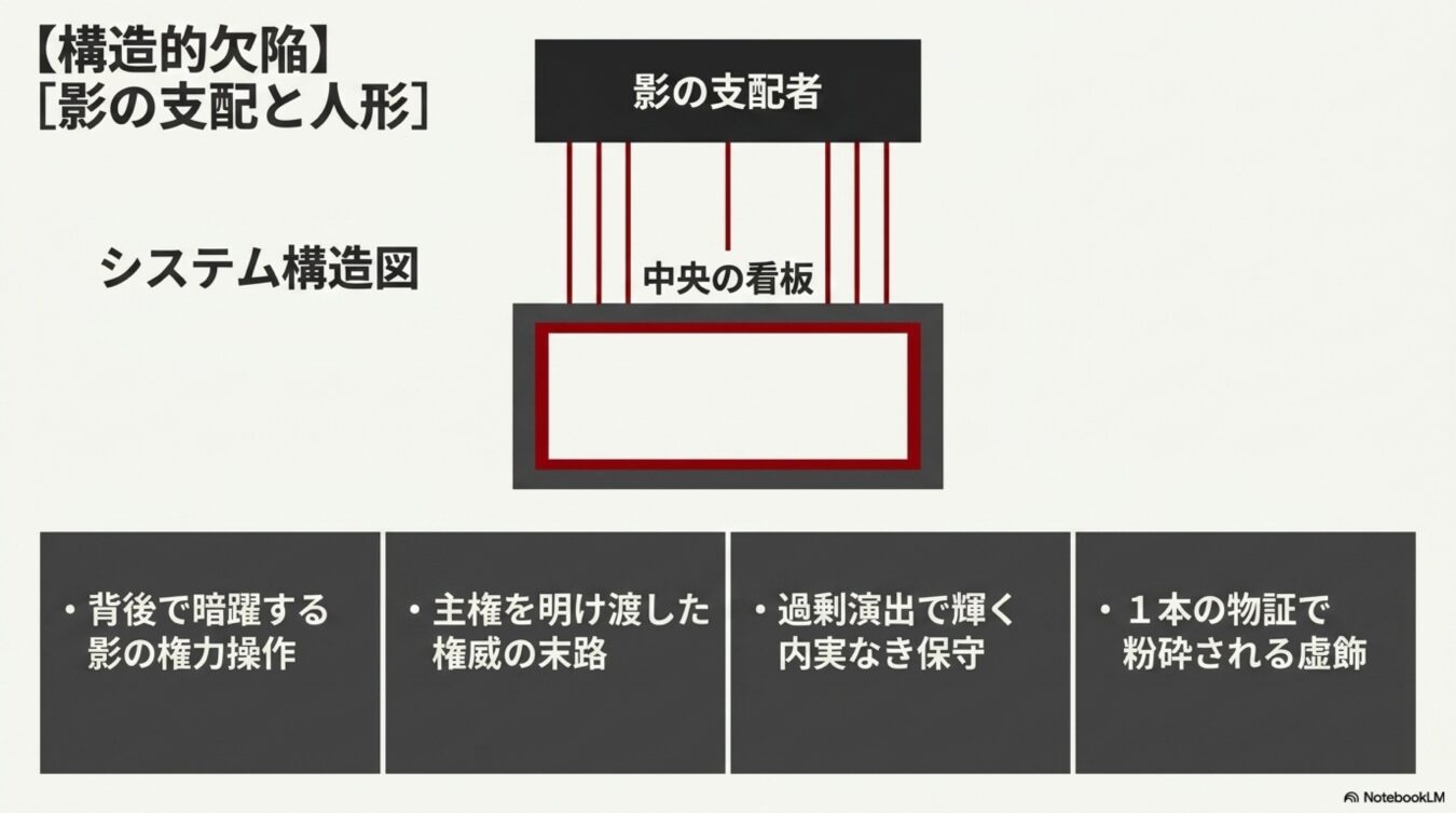 影の支配者が中央の看板を操作する構造図。背後での権力操作や主権の放棄、実体のない虚飾を批判的に解説した図解。