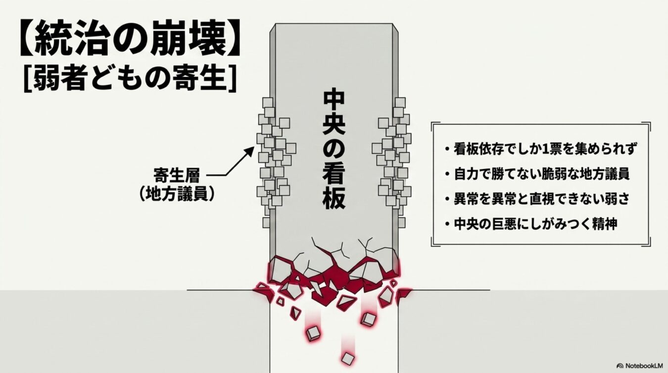 中央の看板に寄生する地方議員を統治の崩壊として図解した資料。自力で勝てない脆弱性と、組織の巨大な権力にしがみつく依存構造を批判的に説明している。