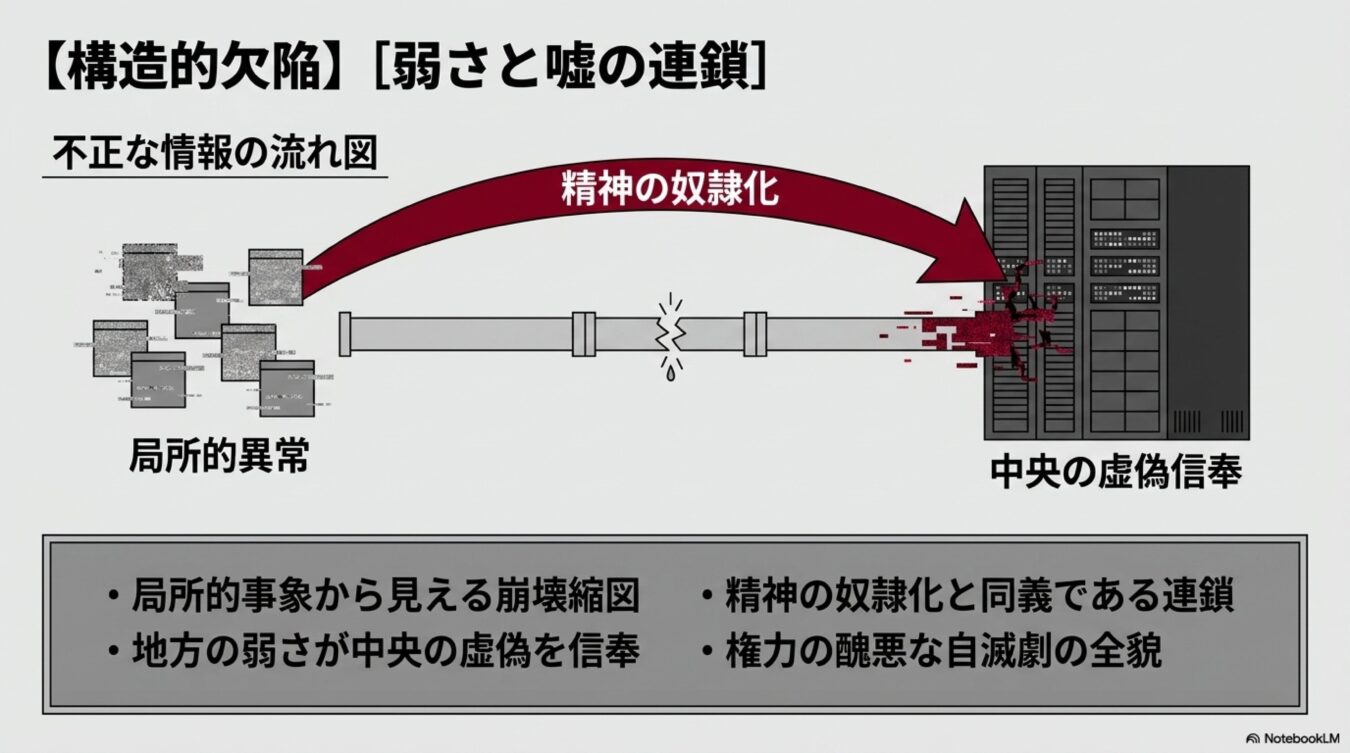 局所的異常から中央の虚偽信奉へと至る不正な情報の流れと、精神の隷属による構造的な崩壊の連鎖を図解した図。
