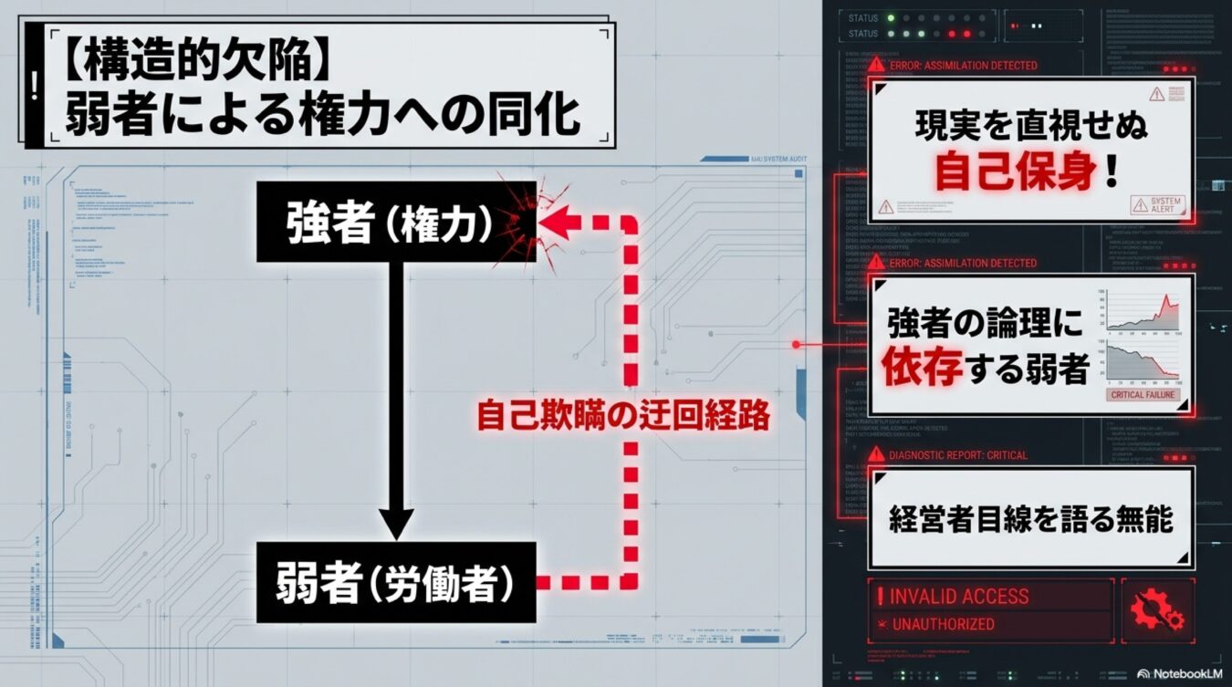 弱者が強者の論理に同化する構造的欠陥と、自己欺瞞に陥る心理メカニズムを解説した図解。