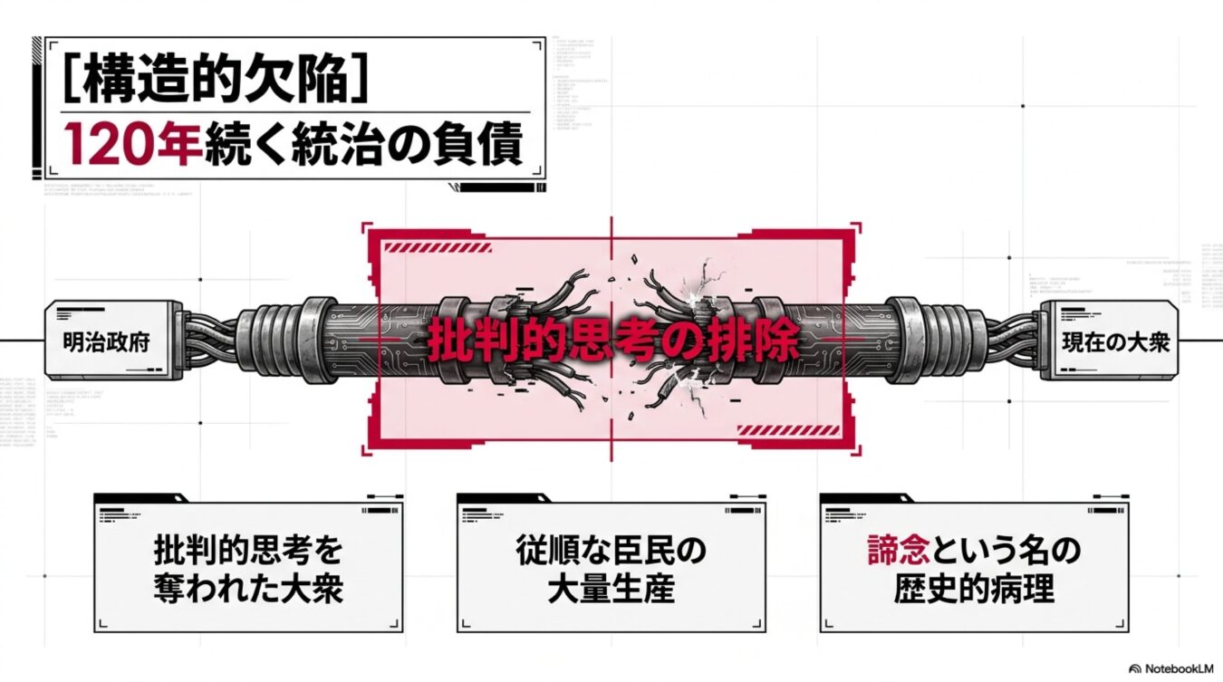 明治政府から現在まで続く批判的思考の排除という構造的欠陥が、大衆の従順化や歴史的病理を生んでいることを図解した資料。