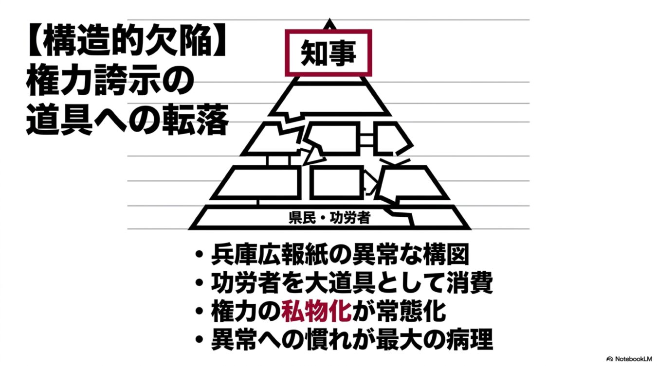 知事による権力の私物化と構造的欠陥を批判する図解。兵庫広報紙の異常な構図と功労者の消費を指摘する内容。