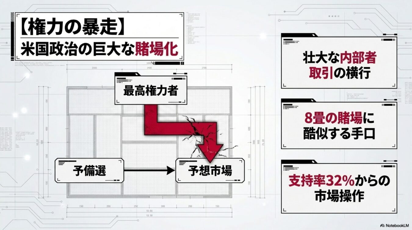 米国政治の巨大な賭場化をテーマに、最高権力者が予備選から予想市場へ影響を及ぼす様子と、内部者取引や市場操作の手口を図解したインフォグラフィック。