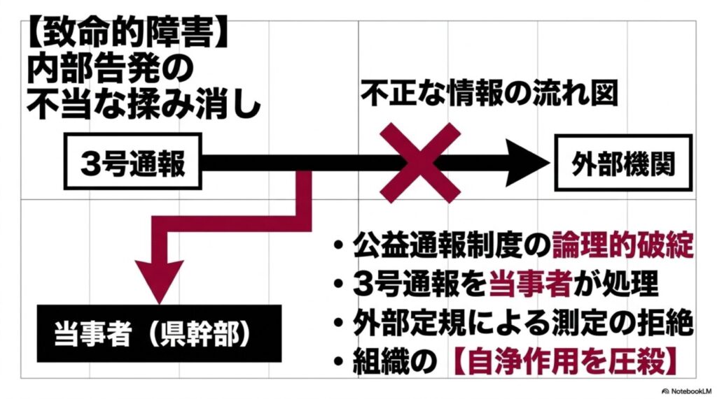 内部告発(3号通報)が外部機関へ渡らず当事者へ流れる不正な情報フローと、それによって公益通報制度が形骸化し自浄作用が失われている状況を示す図。