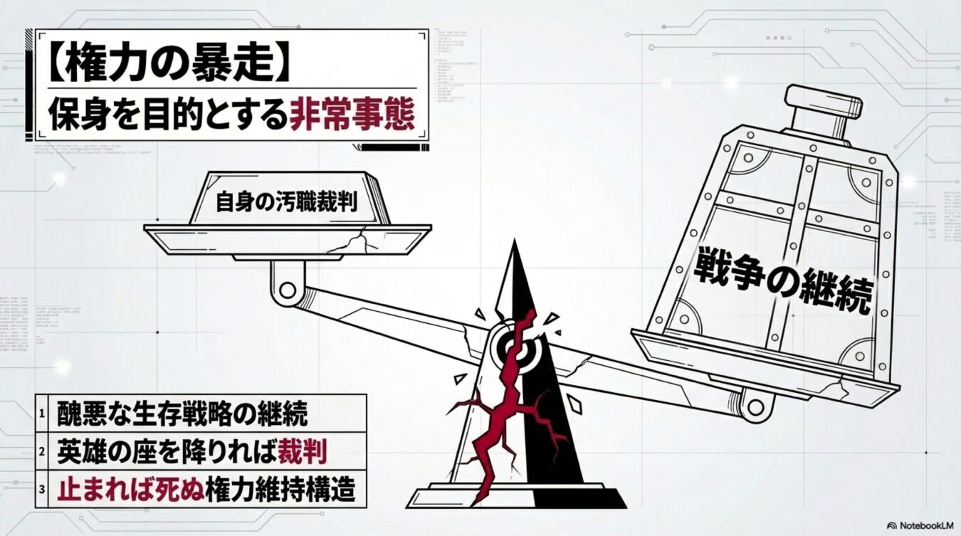 権力の暴走と保身をテーマに、自身の汚職裁判と戦争の継続を天秤にかけ、止まれば破滅する構造を解説する図解。