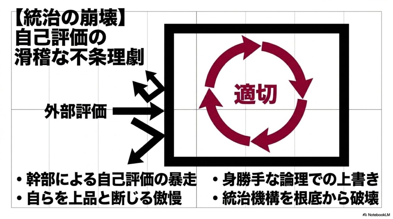 統治の崩壊をテーマに、外部評価を排除して自己評価のみで閉じたループを作り出し、身勝手な論理で統治機構を破壊する構造を図示したもの。