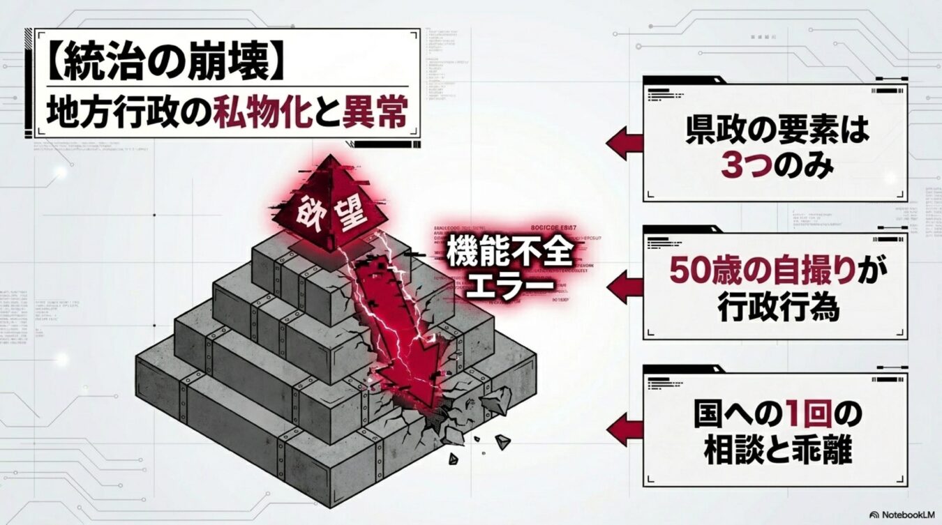 統治の崩壊と地方行政の私物化をテーマに、欲望による行政の機能不全とエラー発生の要因をピラミッド構造で解説する図解。