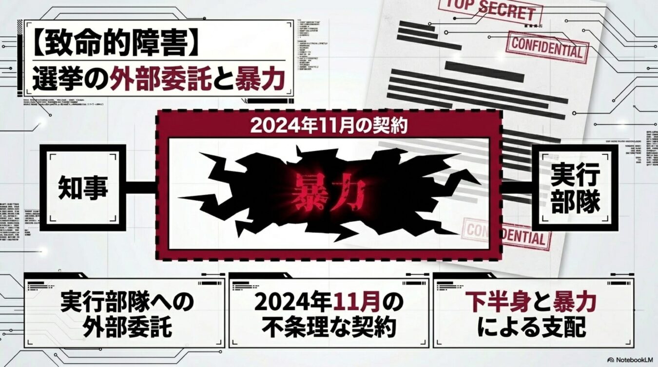 2024年11月の選挙外部委託を巡る知事と実行部隊の癒着、暴力による支配という致命的な障害を告発する図解。