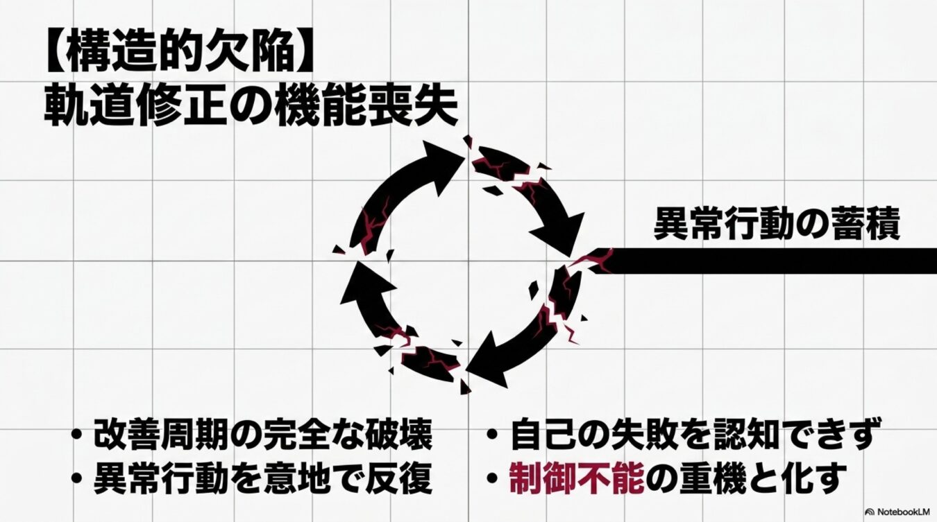 構造的欠陥により軌道修正機能が喪失し、異常行動が蓄積され改善周期が破壊される悪循環と、その結果として制御不能に陥る状態を説明する図。