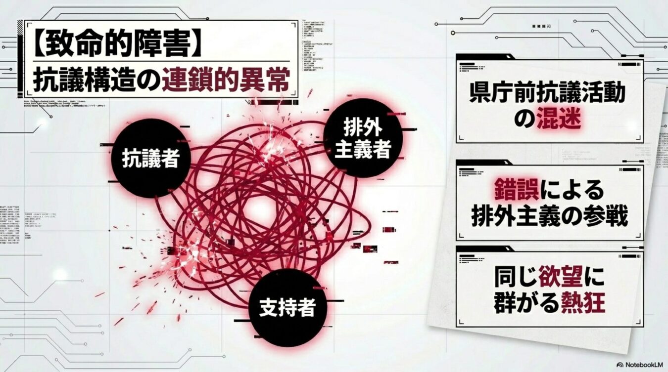 抗議者、排外主義者、支持者が複雑に絡み合う対立構造と、県庁前抗議活動における混迷の要因を示したインフォグラフィック。