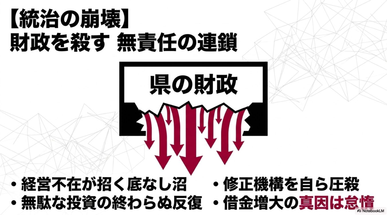統治の崩壊と題し、経営不在や無駄な投資が招く県の財政難と、借金増大という負の連鎖を警告する図解。