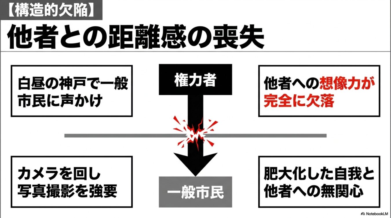 権力者が一般市民に対してカメラ撮影を強要する状況を通じ、他者への想像力や距離感が欠如した構造的欠陥を図解で説明している。