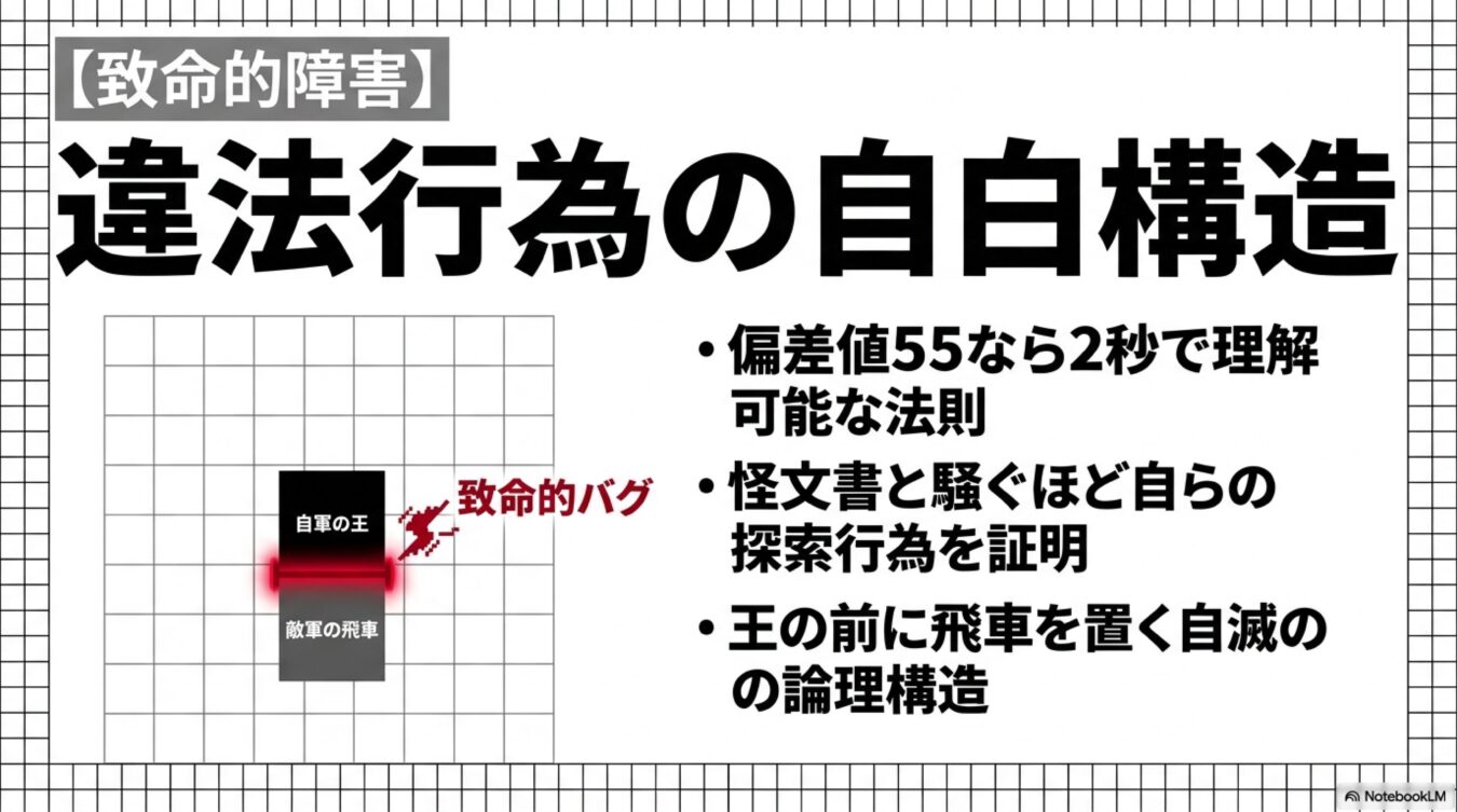 致命的障害と題し、盤上で自軍の王の前に敵軍の飛車を置くという自滅的な論理構造を、違法行為の自白として解説する図解。