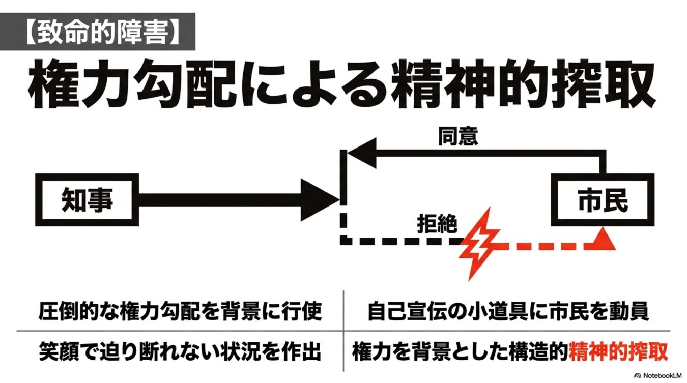 知事と市民の権力勾配による精神的搾取の構造図。拒絶が困難な状況下で市民が動員される仕組みを解説している。