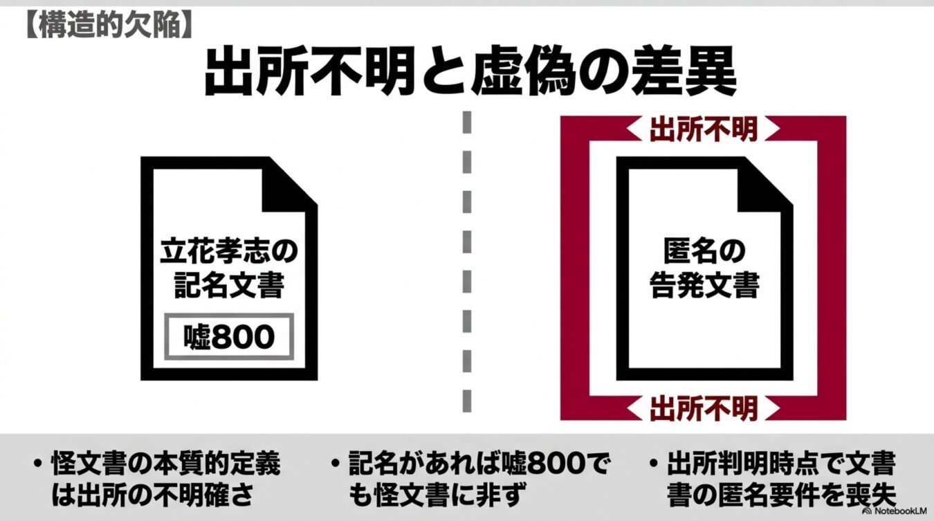 出所不明と虚偽の差異と題し、記名がある嘘の文書と、出所不明の匿名告発文書を比較し、怪文書の本質的な定義は出所の不明確さにあると解説した図解。