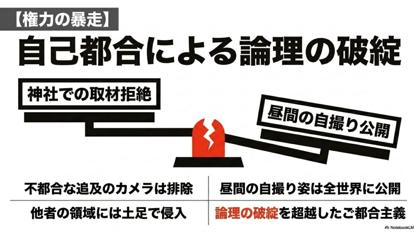権力の暴走と題し、神社の取材拒否と自身の自撮り公開という矛盾した対応を天秤に例え、自己都合による論理の破綻とご都合主義を批判するインフォグラフィック。