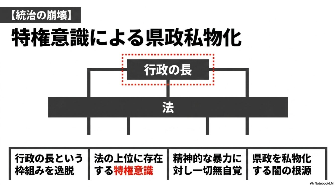 行政の長が法を逸脱し、特権意識によって県政を私物化する統治崩壊の構造を示した図解。行政の長と法の関係性や、その背景にある問題点を体系的に図示している。