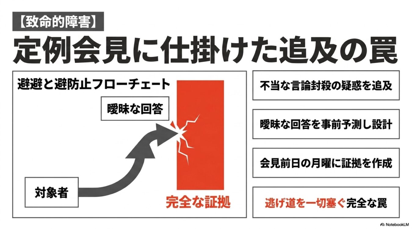 定例会見で曖昧な回答を封じるための追及戦略を示した図。対象者の回答を予測し、事前に証拠を揃えて逃げ道を塞ぐ手法をフローチャートで解説している。