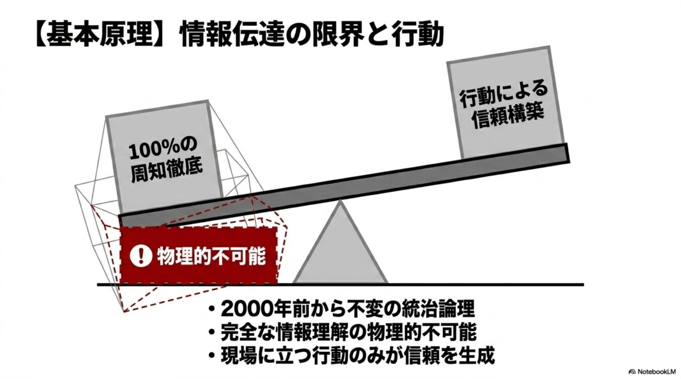 100%の周知徹底は物理的に不可能であり、現場での行動こそが信頼構築に繋がるという統治論理の基本原理を示した図解。