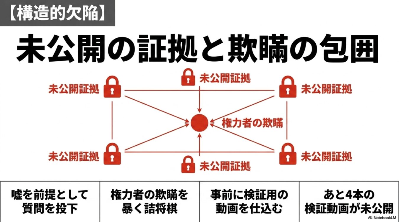 構造的欠陥:未公開の証拠と欺瞞の包囲と題した図解。複数の未公開証拠が中央の権力者の欺瞞を包囲し、検証動画を用いてその嘘を暴く詰将棋のような戦略的構造を示している。