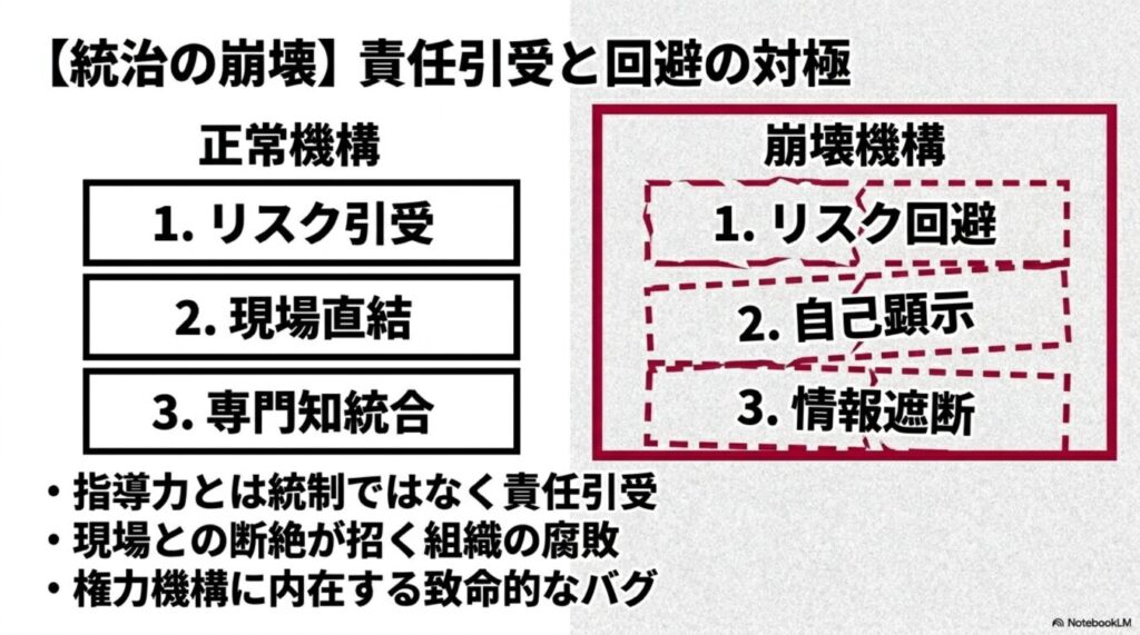 統治の崩壊をテーマに、正常な組織機構の要件(リスク引受・現場直結・専門知統合)と、崩壊した機構の対極的な特徴を比較し、組織が抱える本質的な課題を指摘している。