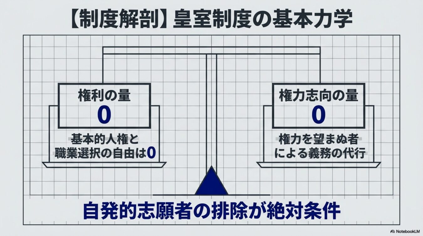 権利の量と権力志向の量が共にゼロである天秤の図。皇室制度において自発的志願者の排除が絶対条件であることを示している。