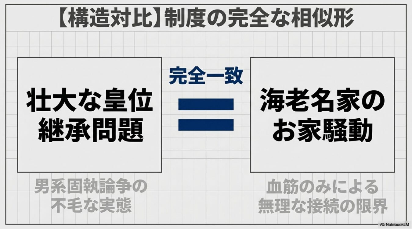 壮大な皇位継承問題と海老名家のお家騒動を比較し、血筋のみに固執する制度の構造的な限界を指摘する図解。