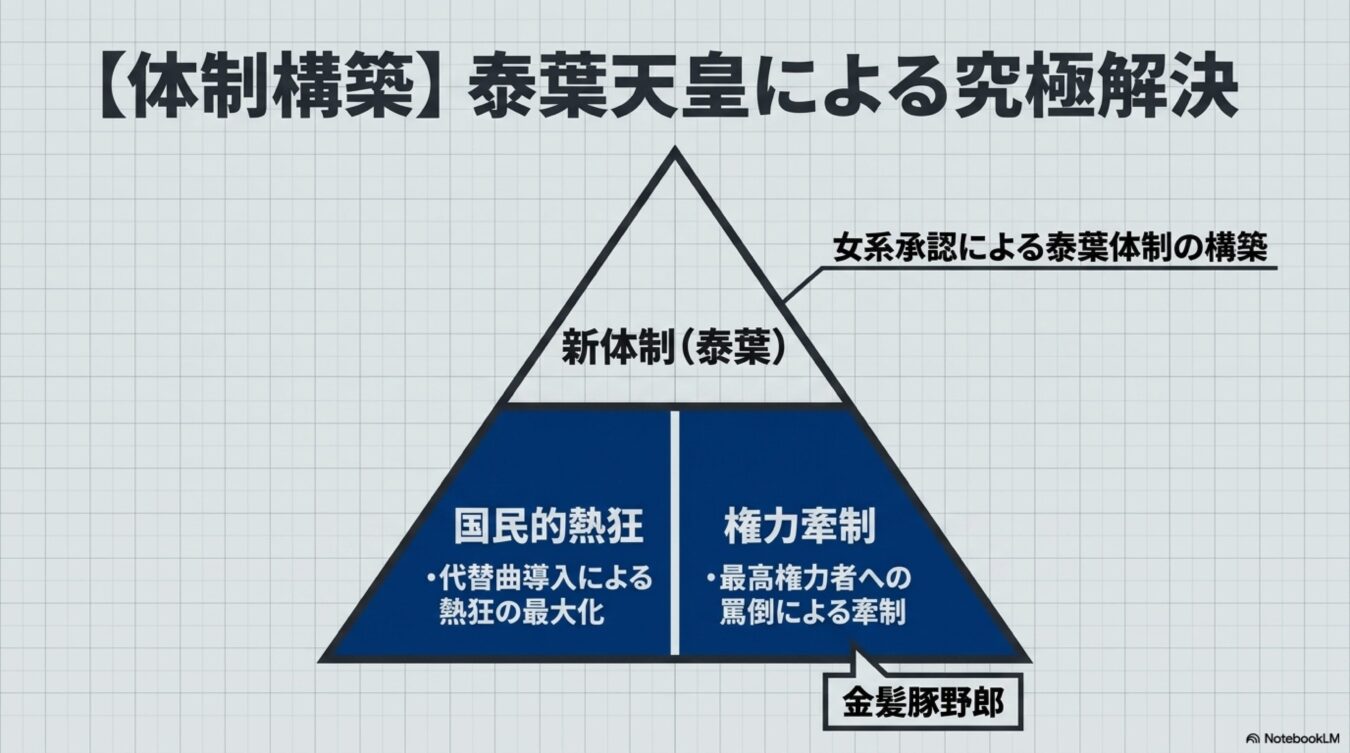 泰葉天皇による究極解決の体制構築図。女系承認による新体制の下、代替曲による国民的熱狂と罵倒による権力牽制という二つの柱で構成されている。