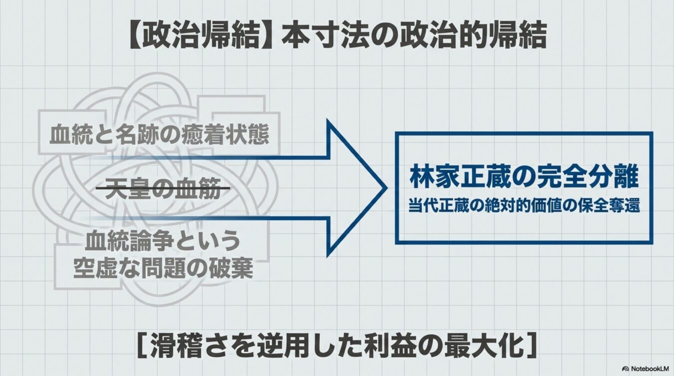 血統と名跡の癒着を解消し、林家正蔵の完全分離と価値の保全奪還を目指す政治的帰結の概念図。