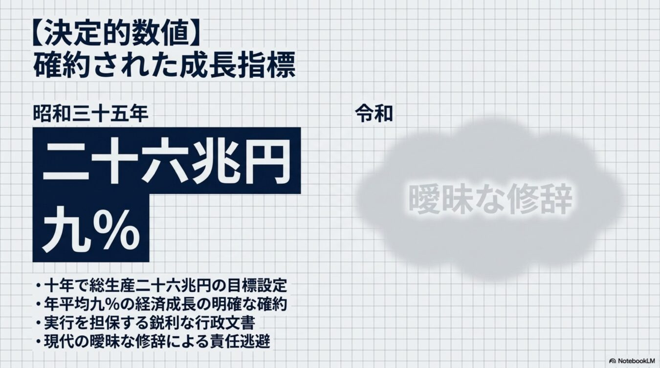 昭和35年の確実な数値目標と、現代の曖昧な修飾による責任回避を対比させ、行政の姿勢を批判的に示す図解。