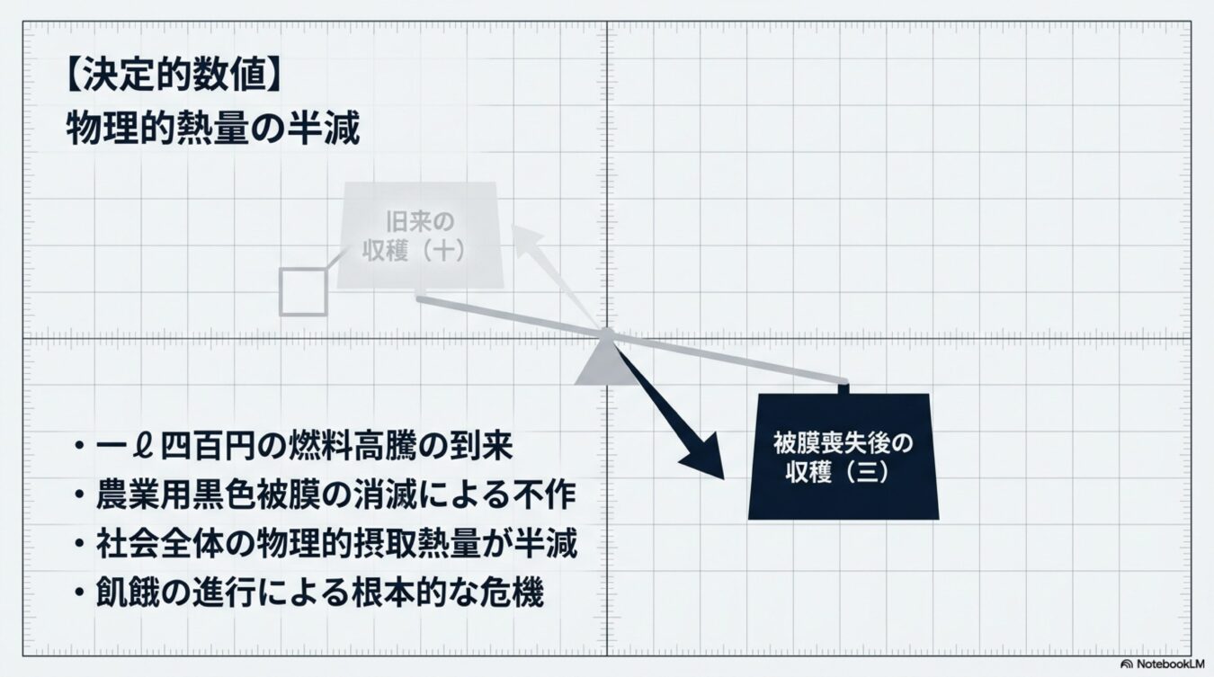 燃料高騰や農業被膜の喪失により収穫量が半減し、社会全体の熱量不足と飢餓リスクが高まる構造を天秤の図解で示したもの。