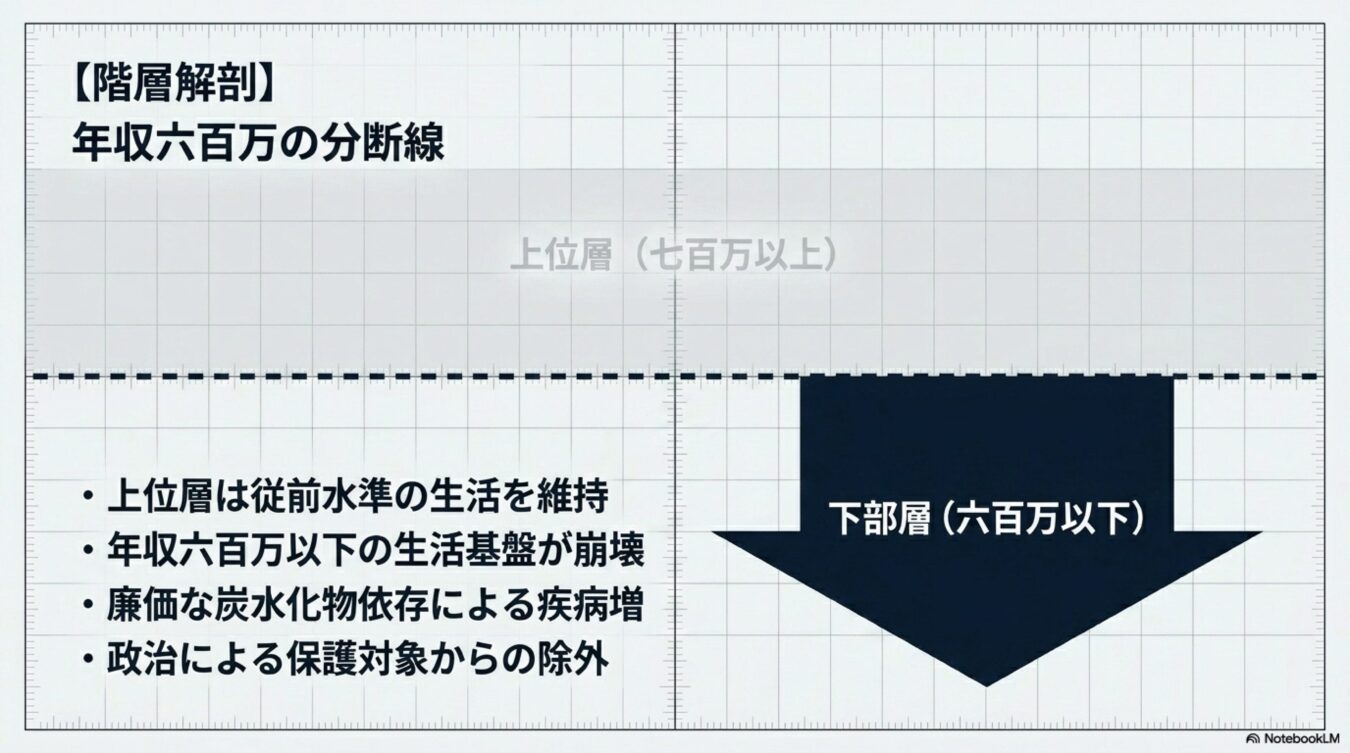 年収六百万円を境とした階層の分断を示した図。上位層と下部層の生活格差や、下部層が抱える生活基盤の崩壊、疾病増加、政治的保護からの除外といった社会的課題が併記されている。