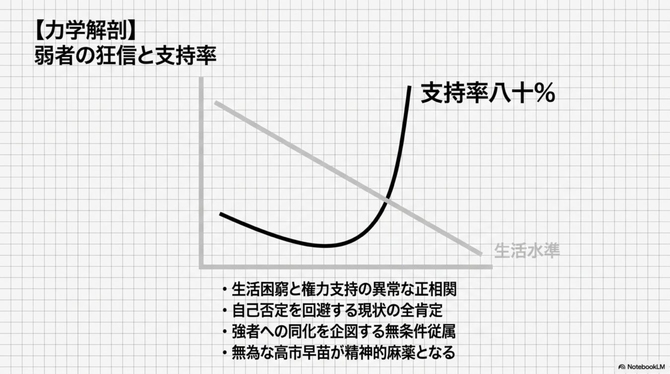 生活水準の低下に伴い支持率が急上昇する様子を示したグラフ。弱者の狂信と支持率と題し、生活困窮と権力支持の相関や無条件従属の心理的背景を解説している。
