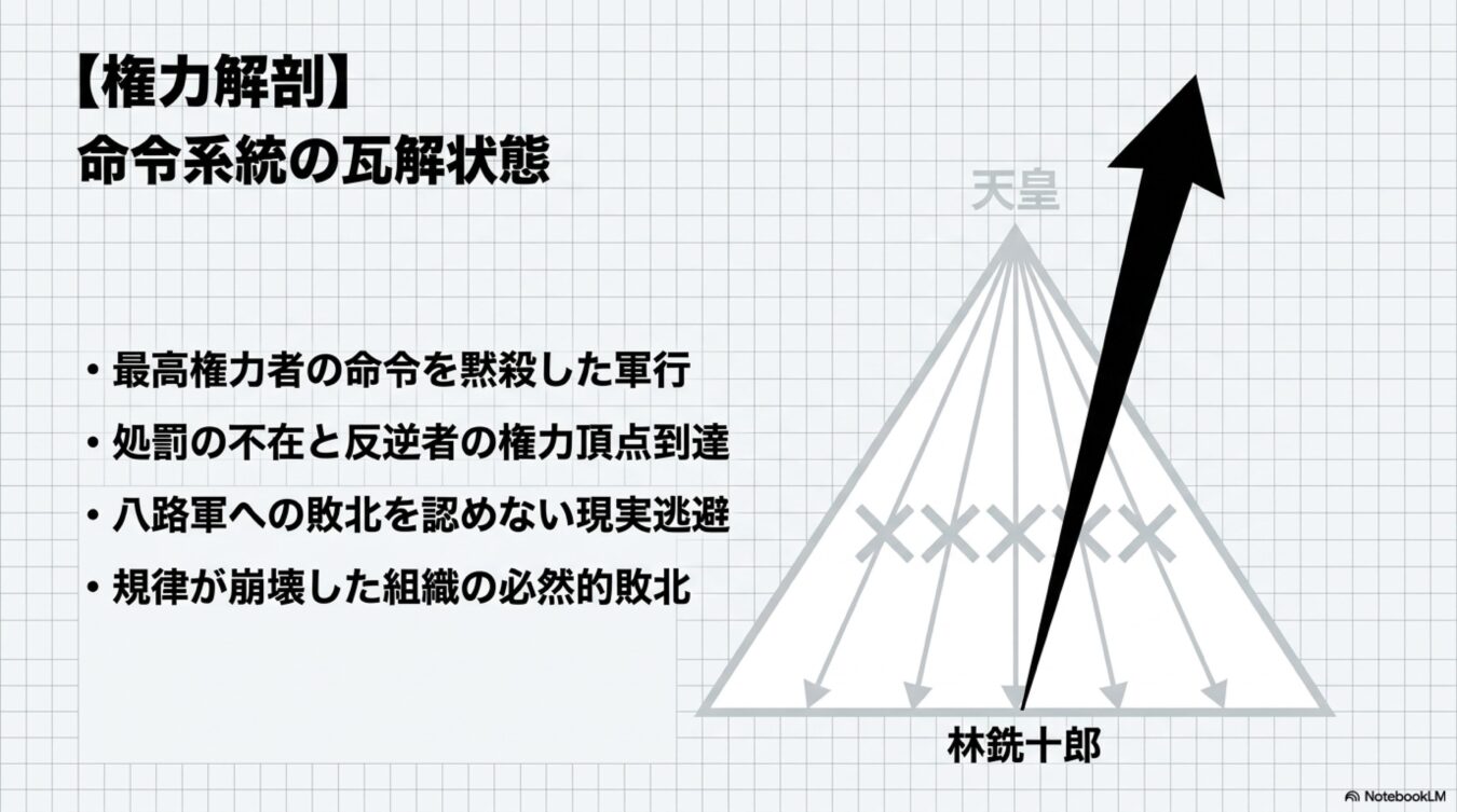 権力解剖図。天皇から下部への命令系統が機能不全に陥り、林銑十郎が頂点へ逆転する構造と、組織の規律崩壊による敗北の要因を解説する図解。