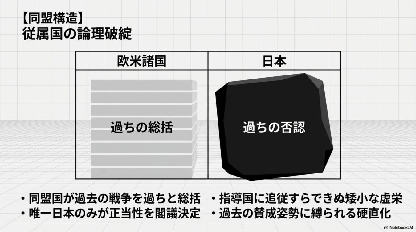 同盟構造における従属国の論理破綻をテーマに、欧米諸国の過ちの総括と日本の過ちの否認という対照的な姿勢、およびそれに付随する硬直化した政治的状況を解説した図解。