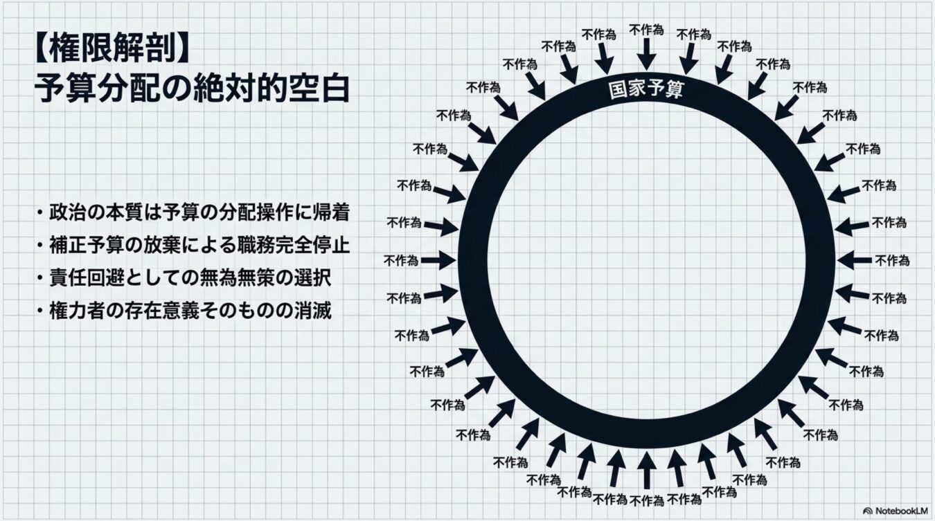 国家予算という円に対し、周囲から不作為という矢印が集中する図解。政治の権限放棄による予算分配の停滞と、無為無策による機能不全を批判的に表現している。