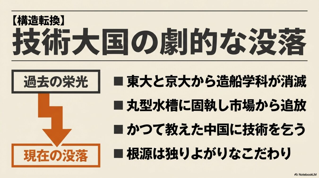 技術大国の没落を構造転換として解説。東大・京大からの造船学科消滅や、独りよがりな技術的こだわりが招いた衰退の経緯。