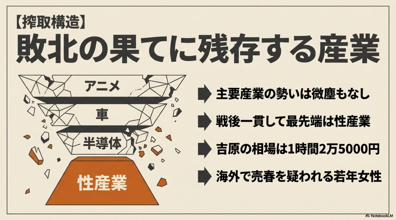 崩壊する主要産業のピラミッド図。戦後から日本で最先端として残存し続けているのは性産業であるとする搾取構造の主張。