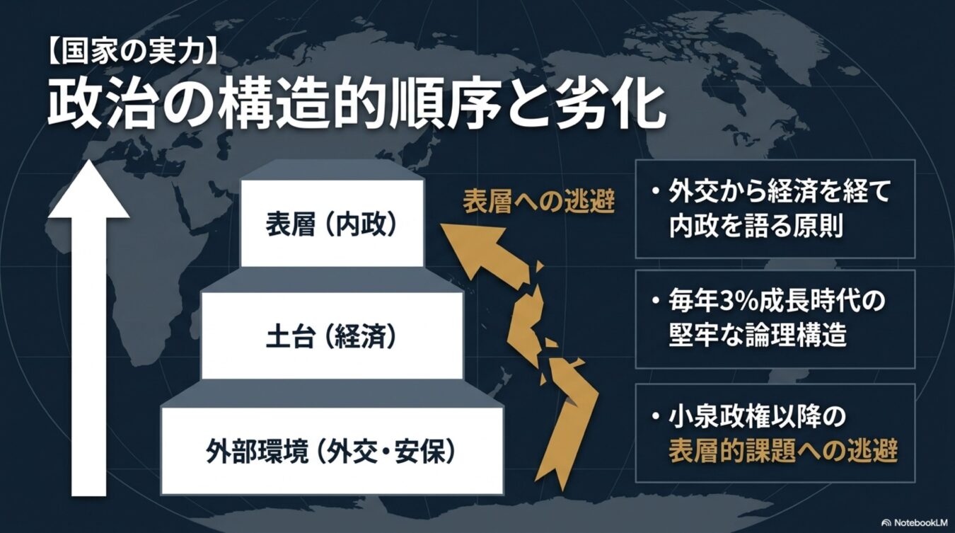 国家の実力を構成する外部環境・土台・表層の三階層構造と、外交・経済を経て内政を語る原則から、小泉政権以降の表層的課題への逃避による劣化を示す図解。